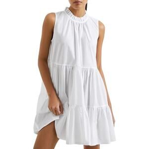 French Connection Rhodes Poplin White Sleeveless Ruffle Mock Neck Tiered Dress